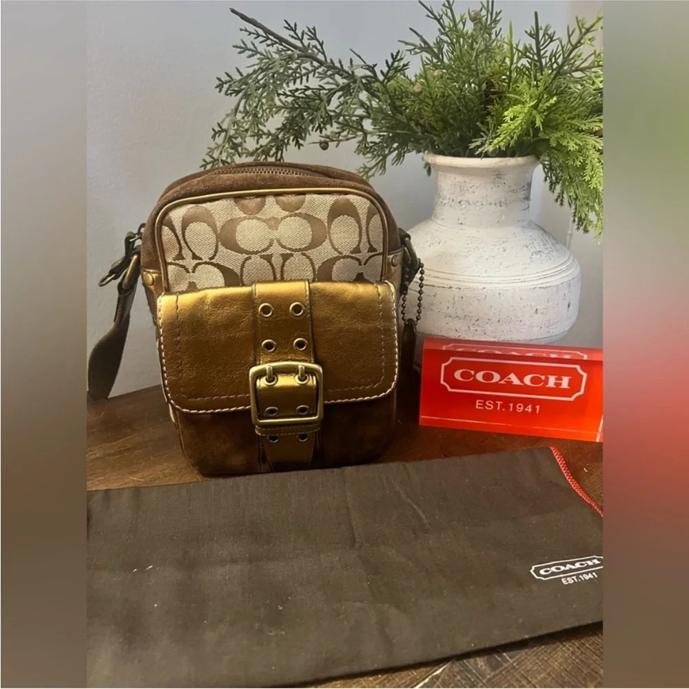 Coach Gold Monogram Metallic Trim Signature Crossbody and Small Wallet Set - Picture 16 of 17